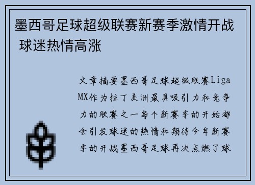 墨西哥足球超级联赛新赛季激情开战 球迷热情高涨